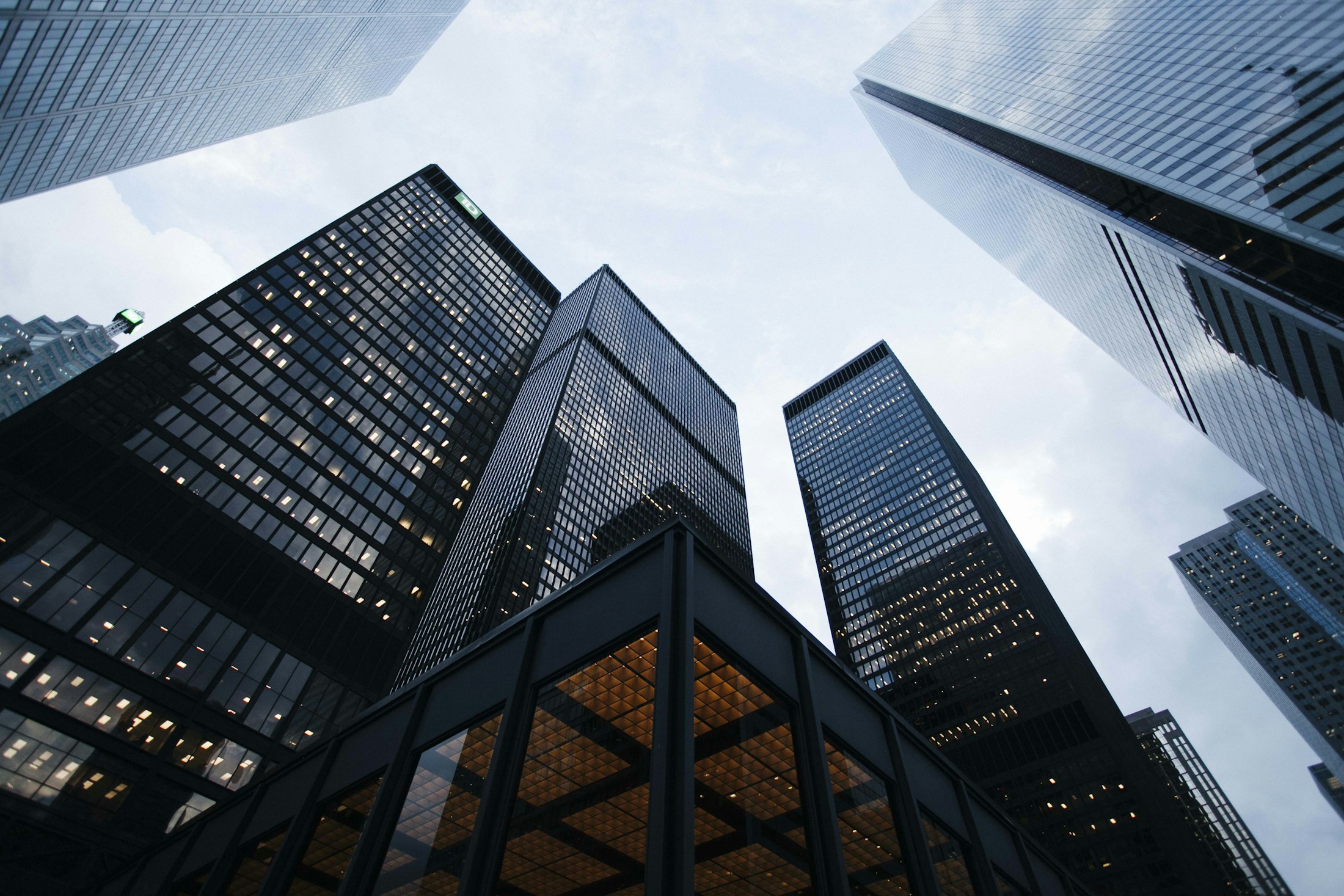 Glass towers rising together, viewed from below